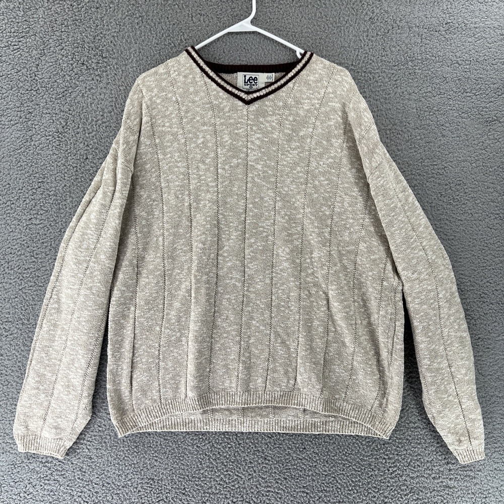 Lee Sport Knit V Neck Pullover Sweater Men XL Vintage USA Grandpa Core Beige